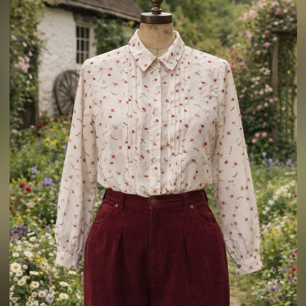 Vintage Late 1970s Panther Brand Floral, Leaf Print Cream Button Down Blouse